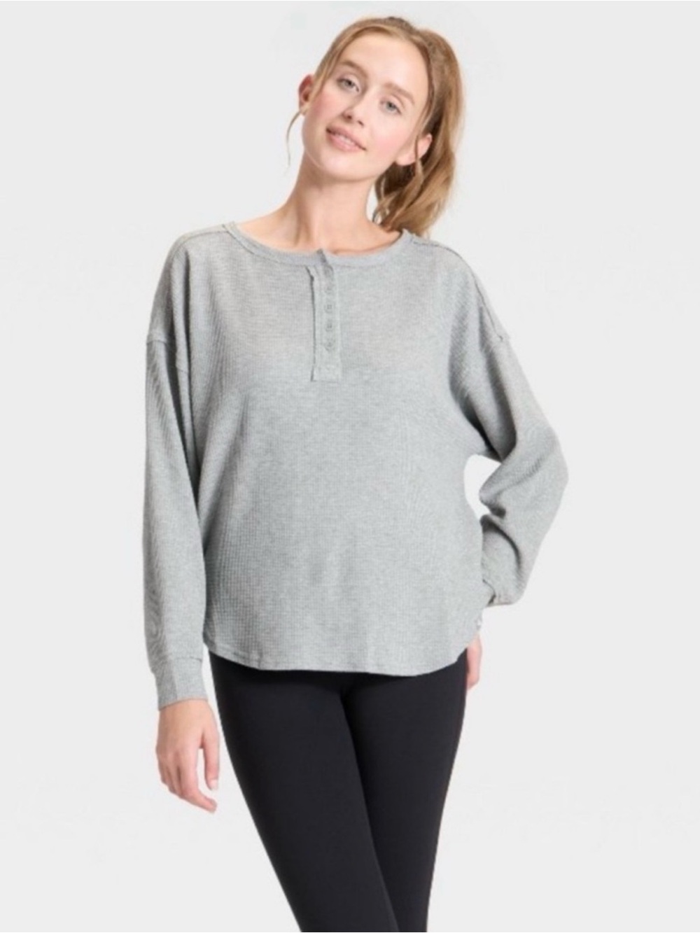 NWT JoyLab Women's Gray Waffle Henley Long-Sleeve Top